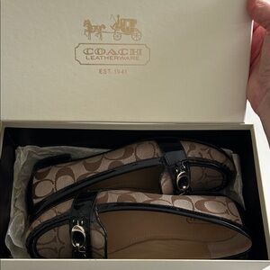 COACH Brown Signature Canvas Loafers with Black Patent Trim